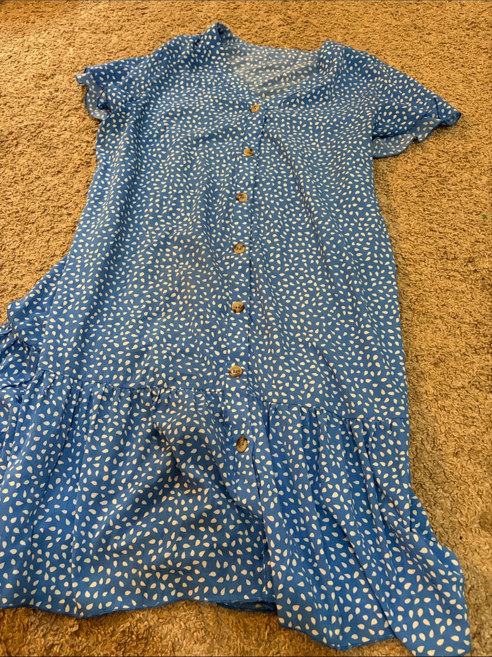 Blue Short-Sleeve Button-Front Kids Dress with White Dot Print